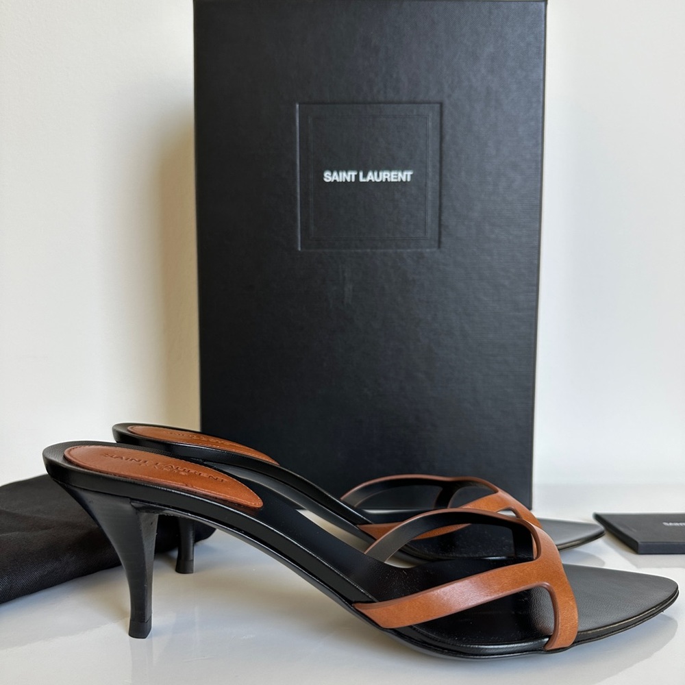 Saint Laurent Carla Black Leather Mules with Tan Straps - Picture 5 of 16